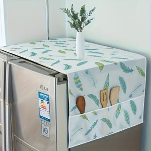 Floral Pattern Refrigerator Dust Cover with Pockets - Durable PET Fabric, 127.0cm x 50.8cm, Non-Electric, Magnesium-Free, Perfect for Modern Kitchen Organization, White Daisy Design, Kitchen Storage