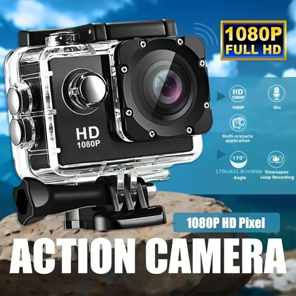 This Is a 1080P HD Action Camera Featuring Ultra HD Recording, a 140° Wide-Angle Lens, a 5.08Cm LCD Screen, Designed for Outdoor Sports Recording, with Automatic Exposure, Digital Stabilization, a Fisheye Lens, And Powered by Battery Or USB, Saving Files in MP4 Format.