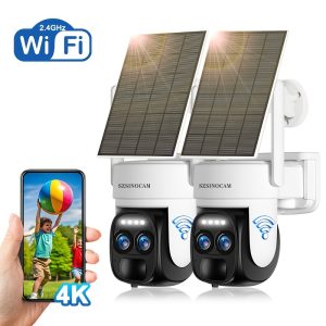 SZSINOCAM 2pcs Solar Panel Security Cameras with 10x Zoom, 360-Degree View, 2K FHD WiFi, Spotlight, Motion Detection, Color Night Vision, Two-Way Audio