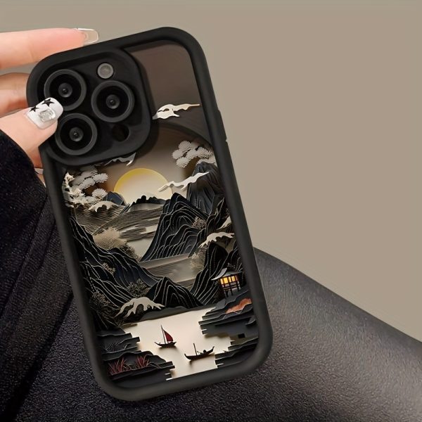Mountain and Water Painting Black TPU Full Cover Anti-Fall Protection Mobile Phone Case, Suitable for Apple iPhone 16/15/14/13/12/11/XR/Pro/Plus/Pro Max Protective Case
