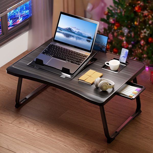 Allinside Portable Laptop Bed Desk with Side Drawer and Cup Holder, Foldable Notebook Tray Table, Fiberboard, Bed Table for Work, Reading, Writing, Tablet Stand