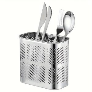 1pc Stainless Steel Double Grid Chopsticks Bucket for Kitchen with Hanging Drain Cage and Cutlery Storage Rack, Made of Aluminum Alloy