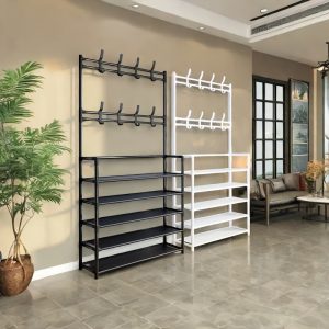 5-layer carbon steel shoe rack with 8 hooks - suitable for shoes, bags, umbrellas, boots, hats, multi-purpose storage organizer - sturdy and space-saving - easy to assemble, suitable for living room, bedroom, rental house, entrance hall