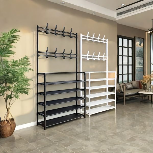 5-layer carbon steel shoe rack with 8 hooks - suitable for shoes, bags, umbrellas, boots, hats, multi-purpose storage organizer - sturdy and space-saving - easy to assemble, suitable for living room, bedroom, rental house, entrance hall