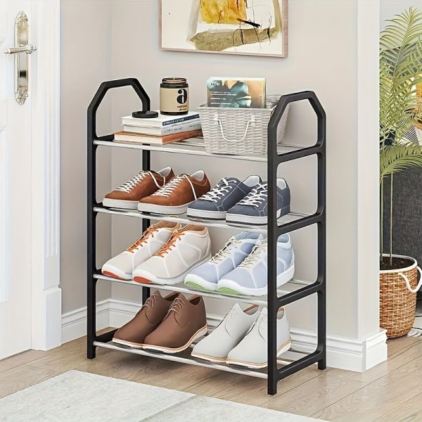4-Tier Stackable Shoe Rack Organizer, Black Metal and White Plastic, Space-Saving Vertical Shelf for Entryway, Hallway, Closet - Multi-Compartment Design for Efficient Shoe Storage