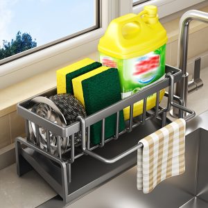 Kitchen Sink Organizer Basket with Brush Holder, Non-Rust Polypropylene Sponge Caddy for Sink, Dishwashing Sponge Storage Box with Divider