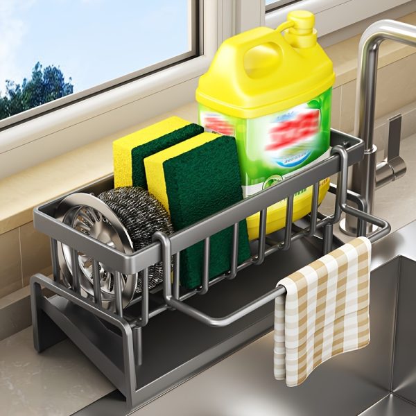 Kitchen Sink Organizer Basket with Brush Holder, Non-Rust Polypropylene Sponge Caddy for Sink, Dishwashing Sponge Storage Box with Divider