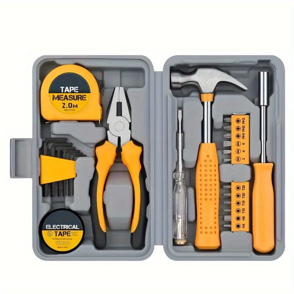 All-In-One, MasterPro 24pcs Home Repair Tool Kit - Durable Carbon Steel Pliers, Adjustable Wrench, Hammer & Screwdriver Set with Bright Yellow Case