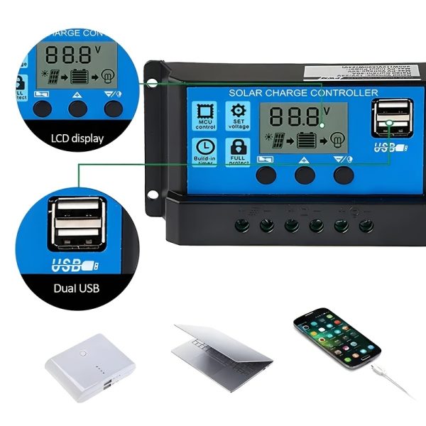 1pc Solar Charge Controller with LCD Display - Dual USB Ports, Adjustable PWM, Auto Voltage Recognition for 12V/24V Batteries, Built-in Under-Voltage, Reverse Polarity, and Short-Circuit Protection, Hard-Wired Power Supply, Acceptable Voltage Below 50V