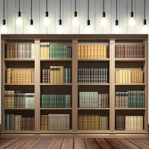 Vintage Wooden Bookshelf with Hanging Pendant Lights - Multi-Shelf Library Bookcase for Living Room, Study, or Event Backdrop - Perfect for Weddings, Birthdays, and Photo Booths - Sturdy Wood Construction & Warm Illumination, Bookshelf Decorations