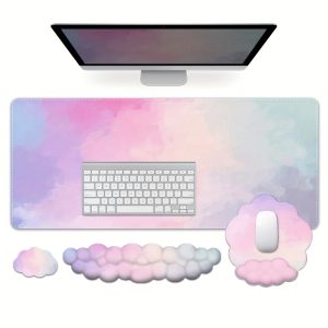 HUADO 4pcs Pink Cloud Ergonomic Desk Set - Large Non-Slip Mousepad with Wrist Rest, Keyboard Support, and Matching Coasters - Gradient Pastel Design for Office Comfort, Desk Mat