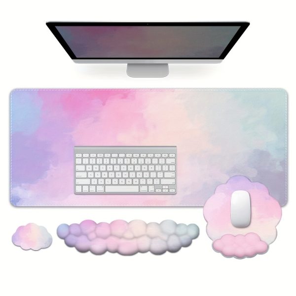 HUADO 4pcs Pink Cloud Ergonomic Desk Set - Large Non-Slip Mousepad with Wrist Rest, Keyboard Support, and Matching Coasters - Gradient Pastel Design for Office Comfort, Desk Mat