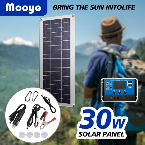 Mooye 30W Portable Solar Panel Charger with 60A Controller - USB Compatible, Ideal for Outdoor Travel, Camping, Picnics & Hiking, Best Choice
