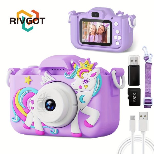 RIVGOT Kids Selfie Camera, Portable, Rechargeable, Digital Video Camera with Front and Rear Cameras, 32G SD Card and Card Reader, for 3-12 Years Old Boys and Girls, with USB Charging Lithium Battery-Polymer, for Back to School and Birthday Gift