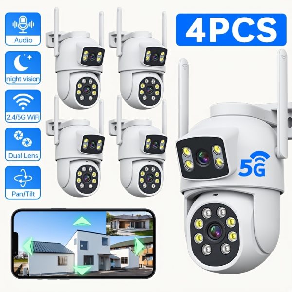 4pcs Pack Dual Lens Security Camera, 2.4/5g Dual Band Wifi Surveillance Camera, 4mp Outdoor Wireless Security Camera, 360 View Home Ptz Camera, Ai Mobile Detection, Two-Way Audio, Color Night Vision, Smart Phone App, For Baby Elderly And Pets