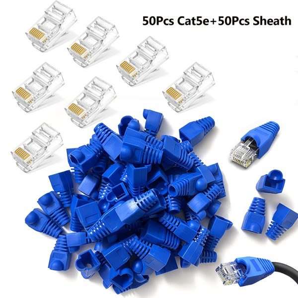 1Set RJ45 Ethernet Connector Kit - 50pcs Cat5e/Cat6 and 50pcs CAT7 8P8C Pass-Through Plug with Protective Sleeves for Reliable Network Connections, Sheath, Ethernet Cable Connector