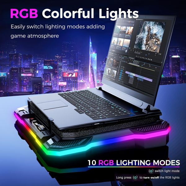 Gaming Laptop Cooling Pad with 13.97cm RGB External Fan, USB Powered, 8 Adjustable Stands, 2 USB Ports, Phone Holder, Compatible with 39.62-49.02cm Laptops, Operating Voltage ≤36V