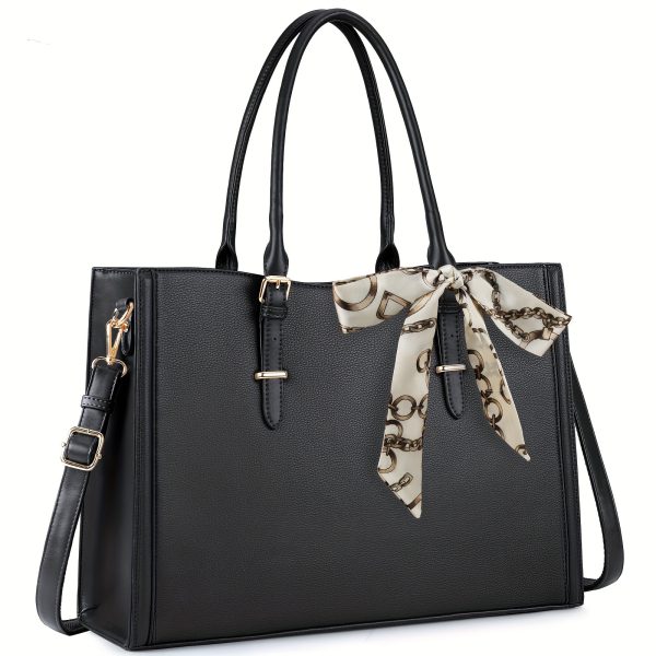 IGOLUMON Waterproof PU Leather Laptop Tote for Women - 39.62 cm, Large Capacity Business Office Bag with Tablet Compartment, Stylish Black Handbag & Shoulder Bag with Bow Accent and Golden-Tone Hardware, Secure Travel Bag | Decorative Scarf Detail | Organized Interior, Laptop Bag