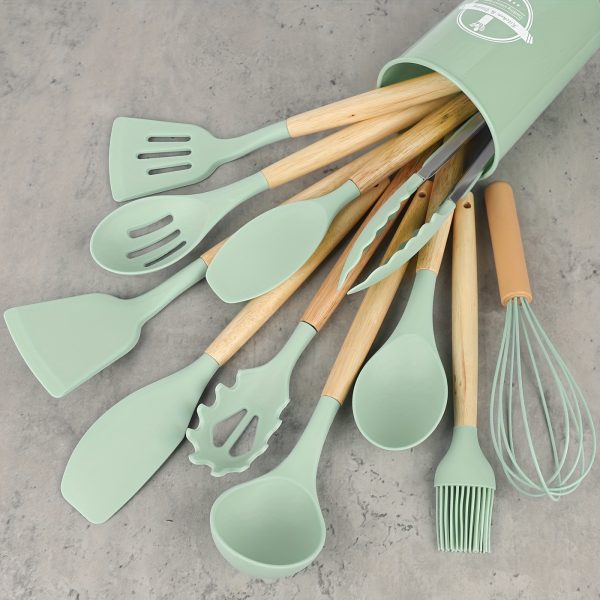 12pcs/set, Silicone Utensil Set, Kitchen Utensil Set, Safety Cooking Utensils Set, Non-Stick Cooking Utensils Set With Wooden Handle, Washable Modern Cookware, Kitchen Stuff, Kitchen Gadgets, Kitchen Essentials Kitchen Accessories