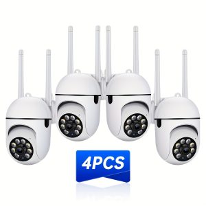 4-Pack APP Compatible 1080P HD Wifi Security Camera, PTZ with Two-Way Audio, LED Night Vision, Motion Detection Alarm, Wall Mount, Indoor/Outdoor Use, Non-Waterproof, 2MP Color, USB Power Supply