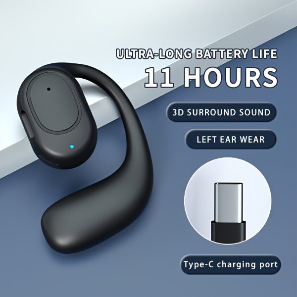 Wireless Earbud Headphones, 11-Hour Long Battery Life, 3D Surround Sound, Left Ear Wear, Type-C Charging, Touch Control, Noise Cancelling Voice Call, Universal Phone Control, Condenser Mic, Non-Waterproof, for Adults, Open-Back Earcup, 90mAh Rechargeable Lithium Polymer Battery, Compatible with Cellphones