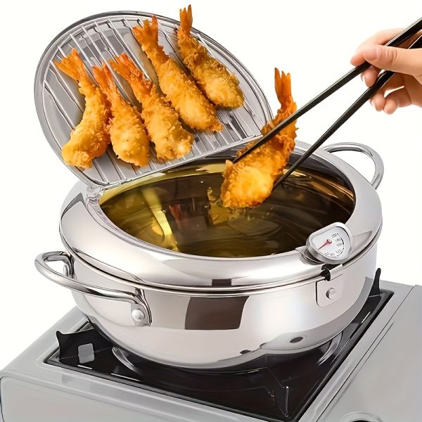 304 Stainless Steel Deep Fryer Pot | Japanese Tempura Frying Pot with Lid and Oil Drainer Rack | Multi-Use for Gas, Electric & Induction Stoves | Ideal for French Fries, Chicken, Shrimp, Squid, Fish | Durable Kitchen Tool for Home Cooking, Versatile Cooking Pot | Sleek Kitchenware | Durable Construction