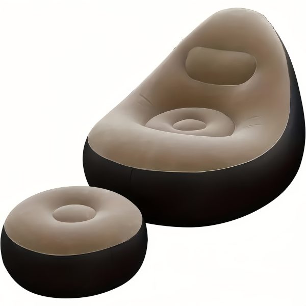 2nd Generation Upgraded Portable Folding Lazy Sofa & Stool Combo - Inflatable Air Cushion, Beige & Black, Easy-Clean PVC, Ideal for Living Room, Bedroom, Office Balcony, Outdoor Travel & Camping, Indoor Lounge Furniture|Modern Lazy Sofa|Durable PVC Material