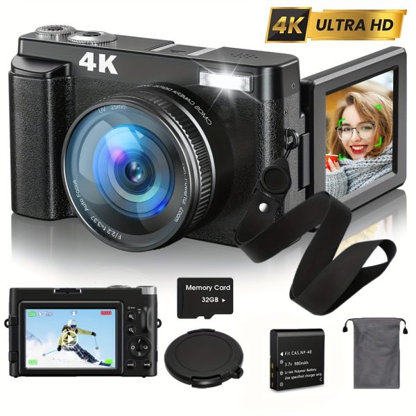 Zostuic 4K Compact Digital Camera - 48MP, Anti-Shake, Auto Focus, 7.62cm Flip Screen with Flash, 16X Zoom, Ideal for Vlogging & Photography, Includes SD Card & Accessories