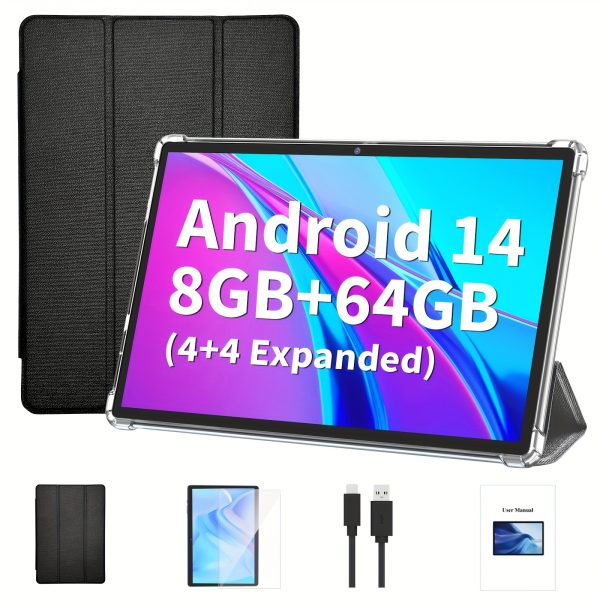 10.1-Inch Tablet Featuring a Protective Cover, 64GB of Storage, Expandable RAM of 8GB (4GB+4GB), Running on Android 14, Equipped with Dual Cameras of 5MP And 8MP, FHD Touchscreen, Wireless Capabilities, And Wifi.