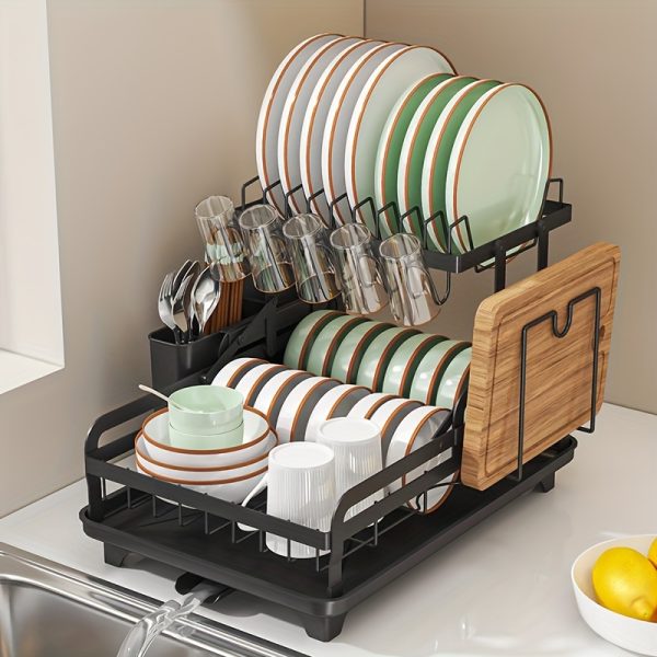 1pc Dish Drying Rack Drainboard, Large 2 Tier Metal Dish Racks with Drainage, Glass Holder, Utensil Holder and Extra Drying Mat, Dish Drainers for Kitchen Counter, Black, White& Grey