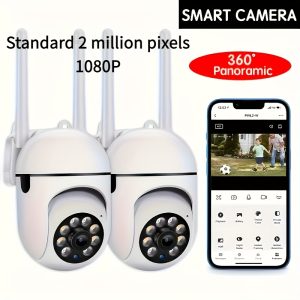 2pcs 1080P Ultra HD WiFi Security Cameras - Wireless Outdoor PTZ Surveillance with 4X Zoom, Human Tracking, Two-Way Audio, Full Color Night Vision, Motion Detection & Sound Alerts, Compatible with iOS & Android, Remote Monitoring | Wallmounted Cameras | Highdefinition Lens, Wireless Security Camera