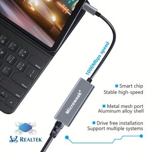 Microweak 1000Mbps USB-C Ethernet Adapter with RJ45 Port, Compatible with MacBook Pro, iPad Pro, Dell XPS, and More