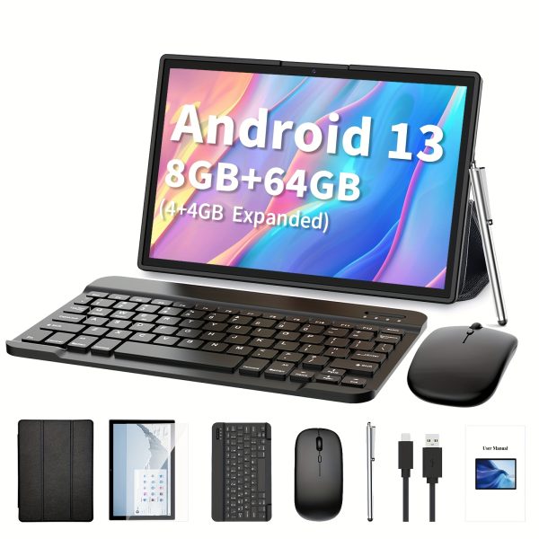 10-Inch Android 13 2-In-1 Tablet Featuring 8GB (4GB+4GB) of RAM And 64GB of Storage, Complete with a Keyboard, Case, Mouse, Stylus, Dual Cameras, And Wifi Connectivity.