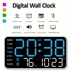 Voice-Activated Digital Wall Clock with Temperature Display, Date & Weekday - Dual Alarm, Adjustable Brightness, 12/24-Hour Format, Snooze Function, Rectangular, Battery-Powered (AAA) - Perfect for Bedroom Decor