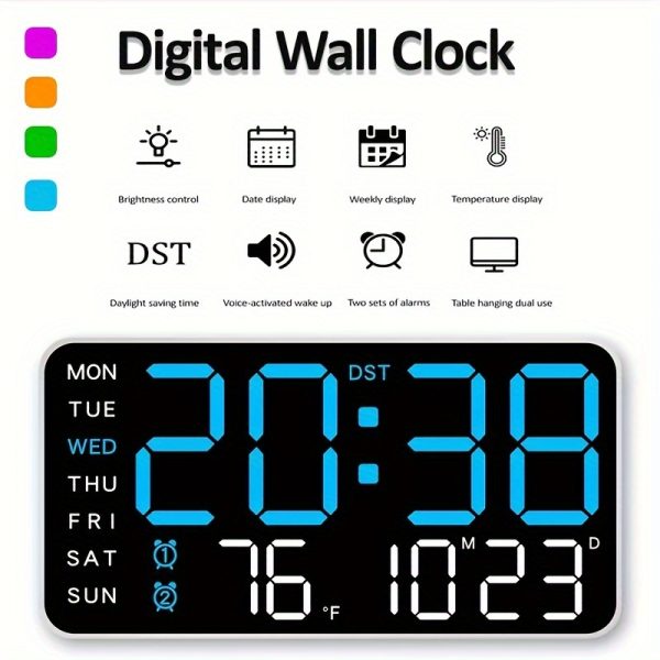 Voice-Activated Digital Wall Clock with Temperature Display, Date & Weekday - Dual Alarm, Adjustable Brightness, 12/24-Hour Format, Snooze Function, Rectangular, Battery-Powered (AAA) - Perfect for Bedroom Decor