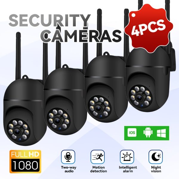 4pcs/2pcs/1pc Camera, Equipped with Full-Color Night Vision Wireless 1080P High-Definition Indoor/Outdoor Home Security Monitoring Camera, with 2-Channel Audio, 355 Degree Intercom Home Security Camera, 2.4G Wi Fi Intelligent Home Security System, AI Mobile Detection, Two-Way Audio