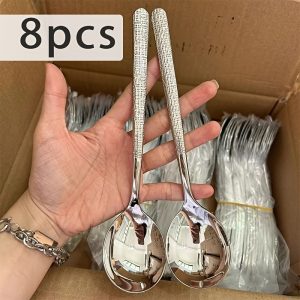 New Light Luxury Hammer Pattern Stainless Steel Spoons In 4pcs/8pcs/12pcs/15pcs, Suitable For Restaurant Western-style Spoons, Main Course Spoons, Household Long-handled Spoons, Household Hot Pot Spoons - Restaurant Rice Spoons And Soup Spoons