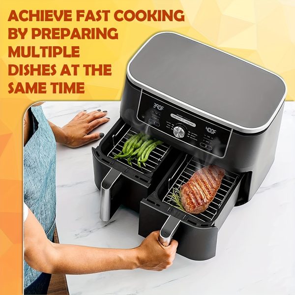 8pcs Air Fryer Accessories Set with 2 Non-Stick Silicone Mats, 2 Stainless Steel Racks & 4 Skewers - Heat-Resistant, Reusable for Healthy Cooking, Baking & Grilling - Includes Dual Basket Compatibility, Air Fryer Liners