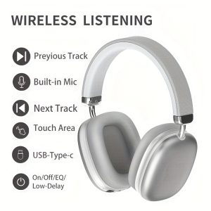 Wireless Wireless Over-Ear Headphones with TF Card Slot, Built-in Mic, USB-C Charging, Low Latency Audio, Comfortable Cushioned Ear Cups, Compatible with Smartphones & Computers, Wireless Listening | Modern Headphones | Plastic Construction, Wireless Headphones