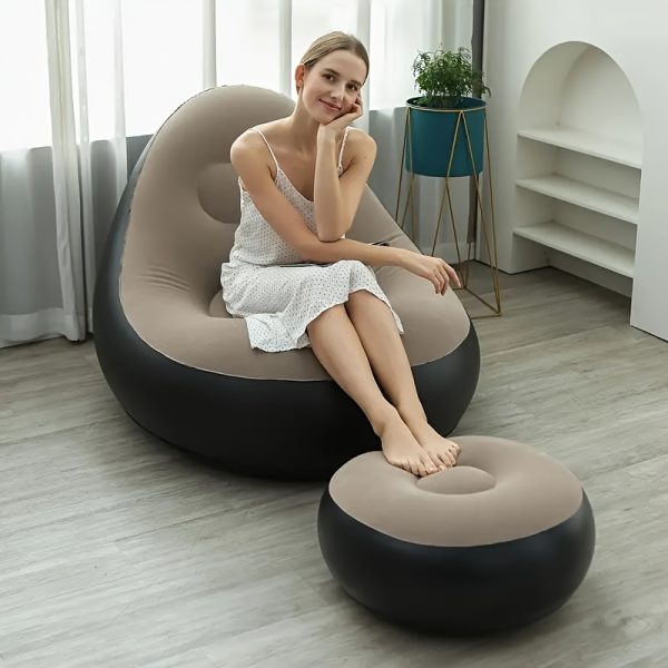1pc Inflatable Stool/Set of Inflatable Casual Sofa Chair + Footstool Outdoor Folding Lounge Chair Sofa Velvet Lazy Sofa, Thickened Inflatable Sofa Lazy Sofa Bed Nap Sofa with Footstool Leisure Sofa Portable Inflatable Lounge Chair