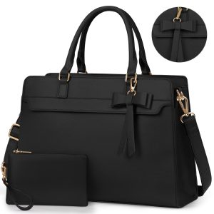 1pc KTMOUW Women'S Large Capacity 15.6-inch Laptop Tote Bag, Waterproof Faux Leather Shoulder Bag with Multiple Pockets for Business Office Travel, Hand Washable - Black