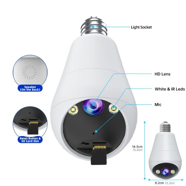 JOOAN Smart HD Security Camera, 1296p Full-Color Night Vision, Indoor LED Light Source, App Control, Auto Tracking, Two-Way Audio, Motion & Audio Alerts, Wi-Fi Enabled, Screw-In Mount, 110V/220V - Home Surveillance without Battery