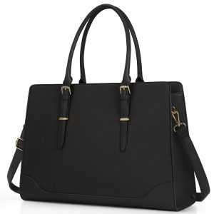 NEWHEY 15.6-Inch PU Leather Laptop Tote Bag for Women - Waterproof, Stylish & Classic Design with Shoulder Strap, Available in Khaki, Dark Green, Black, Casual Outing Bag | Classic Bag Style | PU Leather Bag, Laptop Bag, NEWHEY