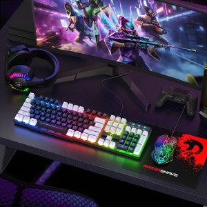4-in-1 Gaming Keyboard, Mouse, Mousepad & Headset Combo - Rainbow LED Backlit Wired Keyboard with 104 Keys & 12 Multimedia Controls, Ergonomic Gaming Mouse with 2400 DPI, Over-Ear Headphones with Mic, Non-Slip Mouse Mat Set for PC, Xbox, PS4 - Backlit Accessory Bundle No Battery Required