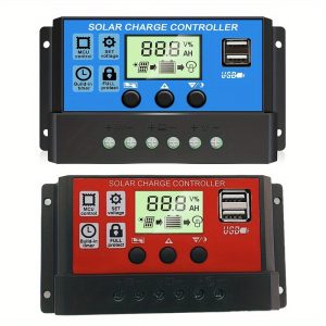 2-Pack Solar Charge Controller, 30A Adjustable LCD Display, 12V/24V Auto, Dual USB Ports, Insulated Material, Hard-Wired Power Supply, Voltage Below 50V, Solar Panel Battery Charger - Red & Blue