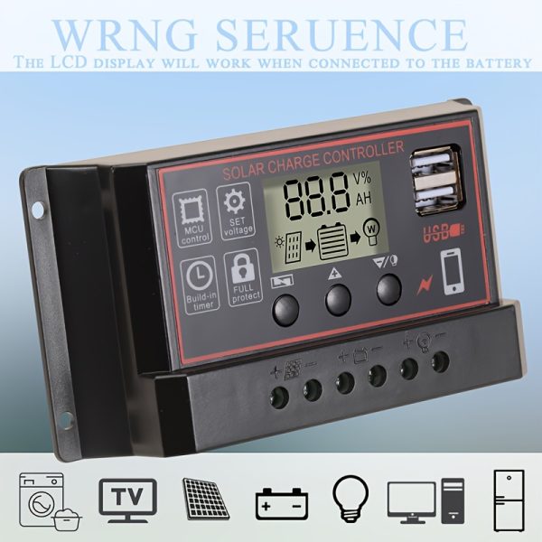 RCL-Red Solar Charge Controller with LCD Display - Adjustable 12V/24V, USB Port, Supports Up to 100A Panels