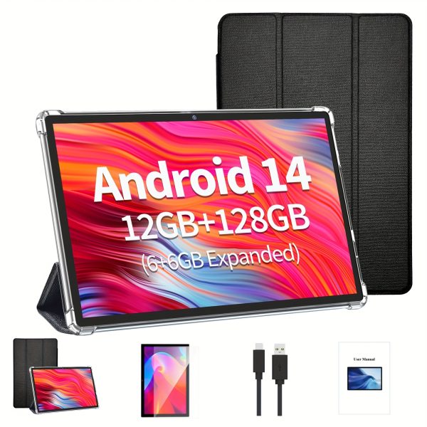 Relndoo 25.65 cm Android 14 Tablet 128GB Storage, 12GB(6GB+6GB Expanded) For RAM, With Protective Case, WiFi, 5MP+8MP Camera, Type-C, Wireless