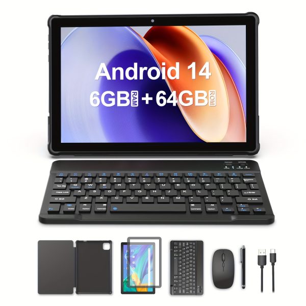 FITIFUN 25.65 cm Android 14 Tablet, 6GB RAM + 64GB Storage, 1TB SD Card Slot, 6000mAh Long Battery Life, Wi-Fi 6, Quad-Core Processor, Dual Cameras (2MP+8MP), Wireless, IPS Screen, Dark Gray, Includes Keyboard, Mouse, and Type-C Charging Port, Tablet with Keyboard | Modern Tech Look | Versatile Functionality