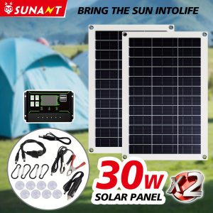 2-Pack SUNANT 30W Solar Panel Kit with USB & DC Charging, 60A Solar Controller, Detachable Photovoltaic Module, Insulation Material, Ideal for Cars, Yachts, RVs, Mobile Phones, Outdoor Power Bank Essentials