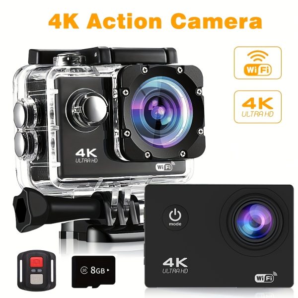 Action Camera 4K Ultra HD -, WiFi, Remote Control, 8GB Card, 170° Wide-Angle Lens - Capture Your Adventures Like Never Before